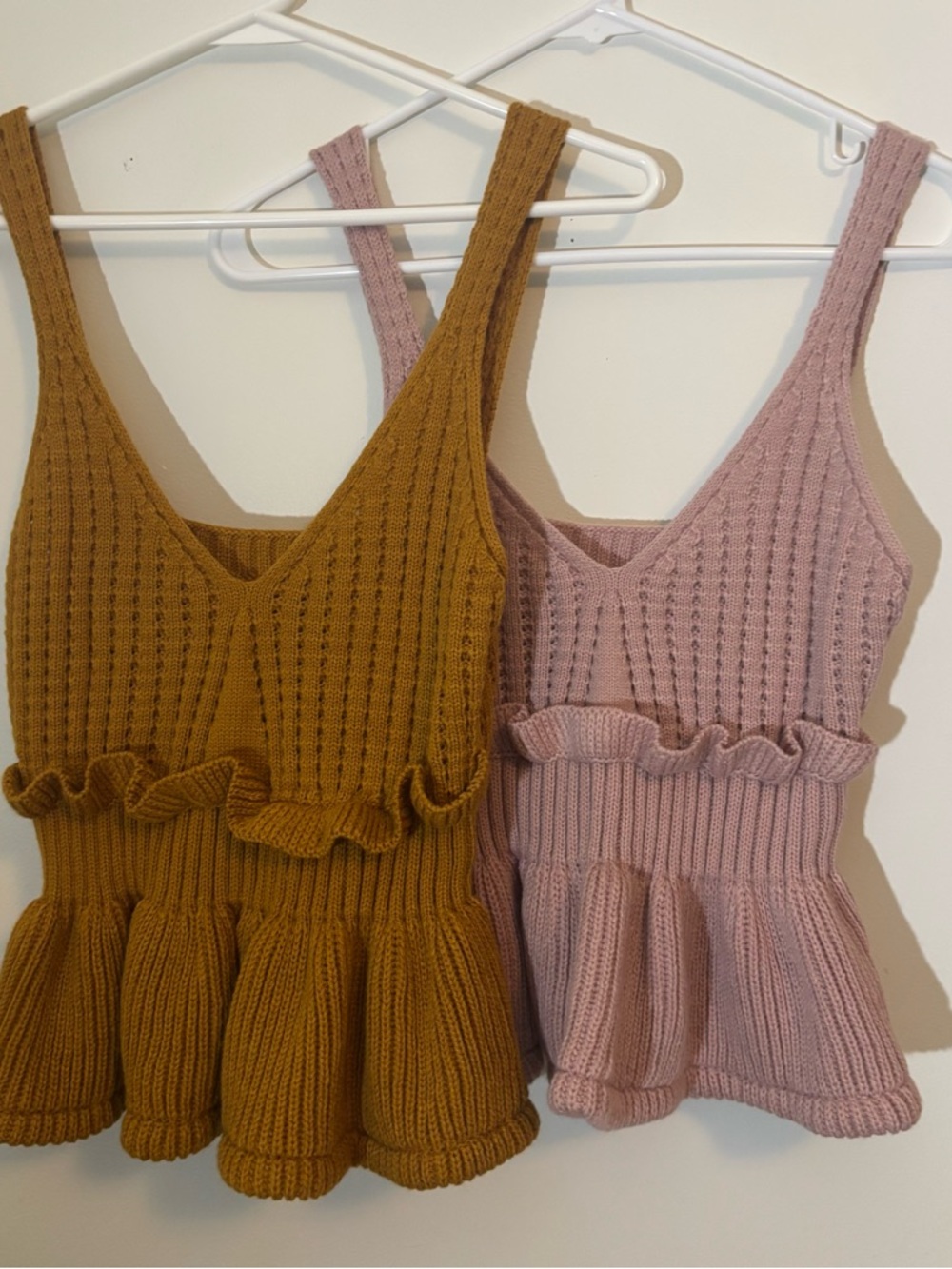 Knit Peplum Ruffle Tank Top - Mustard and Dusty Pink